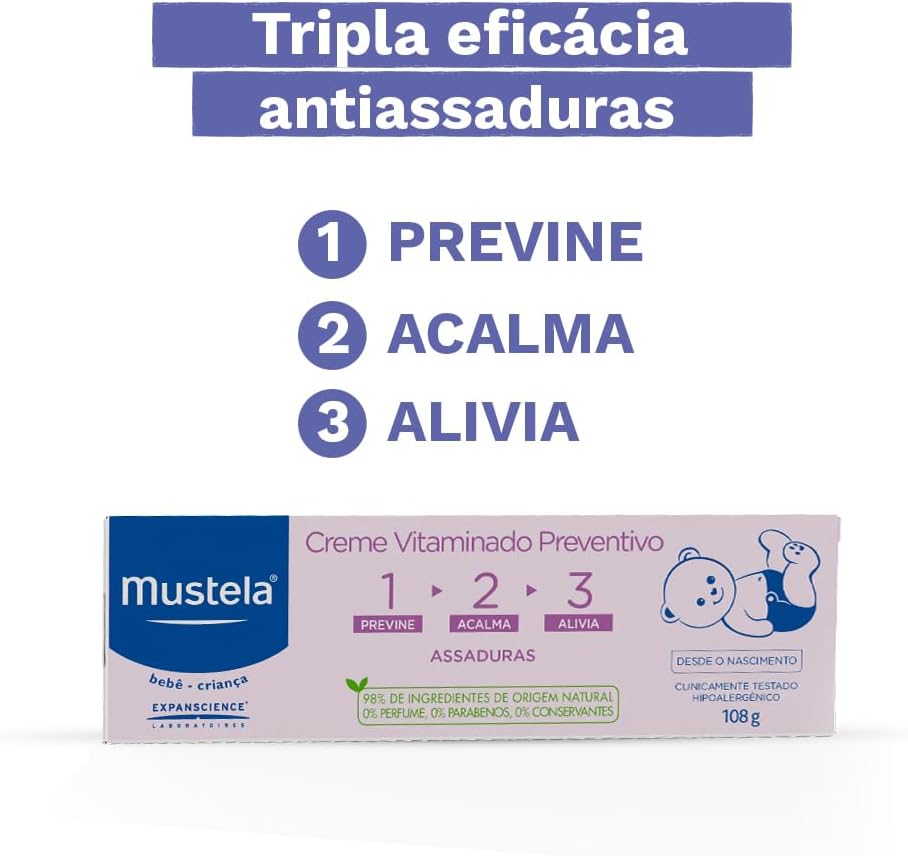 Mustela Creme Preventivo De Assaduras Vitaminado 1>2>3 100Gr - Pomada Antiassaduras Para Bebês Com Tripla Ação E 98% De Ingredientes De Origem Natural - Bebê E Criança