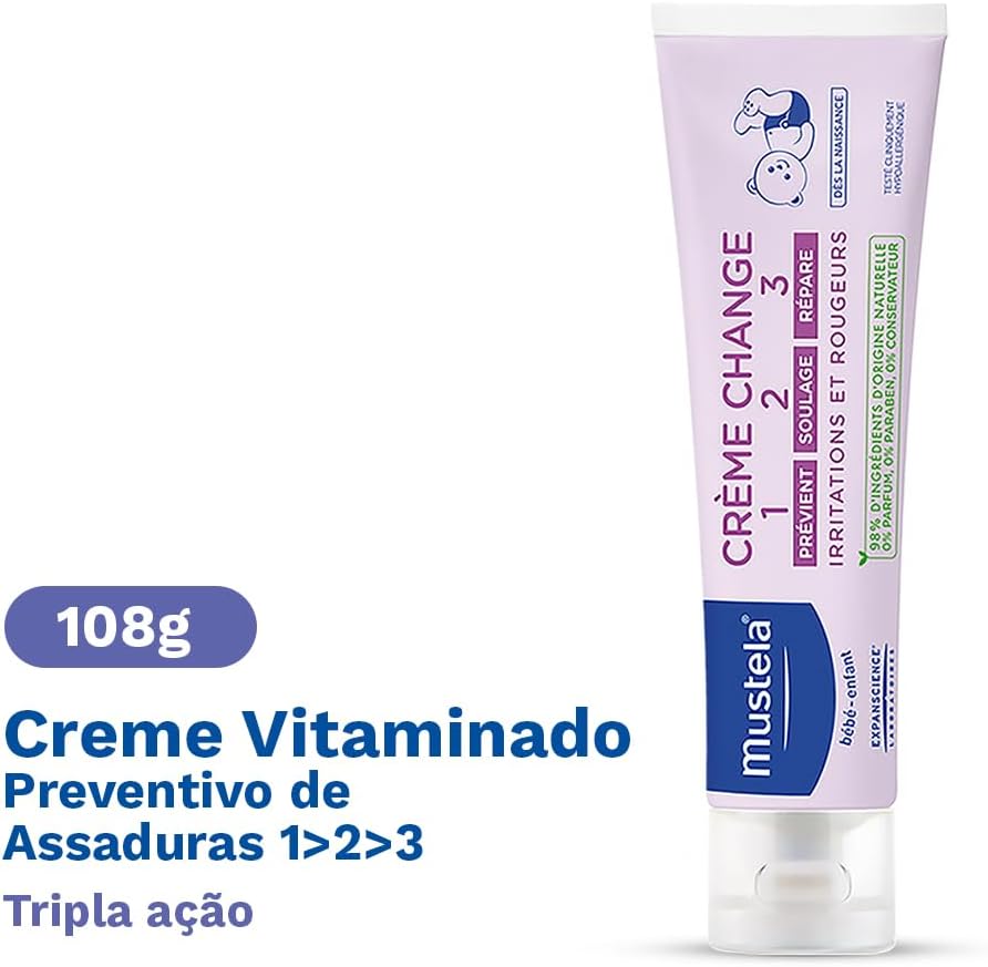 Mustela Creme Preventivo De Assaduras Vitaminado 1>2>3 100Gr - Pomada Antiassaduras Para Bebês Com Tripla Ação E 98% De Ingredientes De Origem Natural - Bebê E Criança