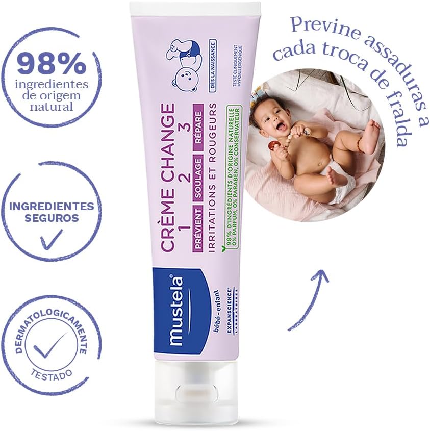 Mustela Creme Preventivo De Assaduras Vitaminado 1>2>3 100Gr - Pomada Antiassaduras Para Bebês Com Tripla Ação E 98% De Ingredientes De Origem Natural - Bebê E Criança