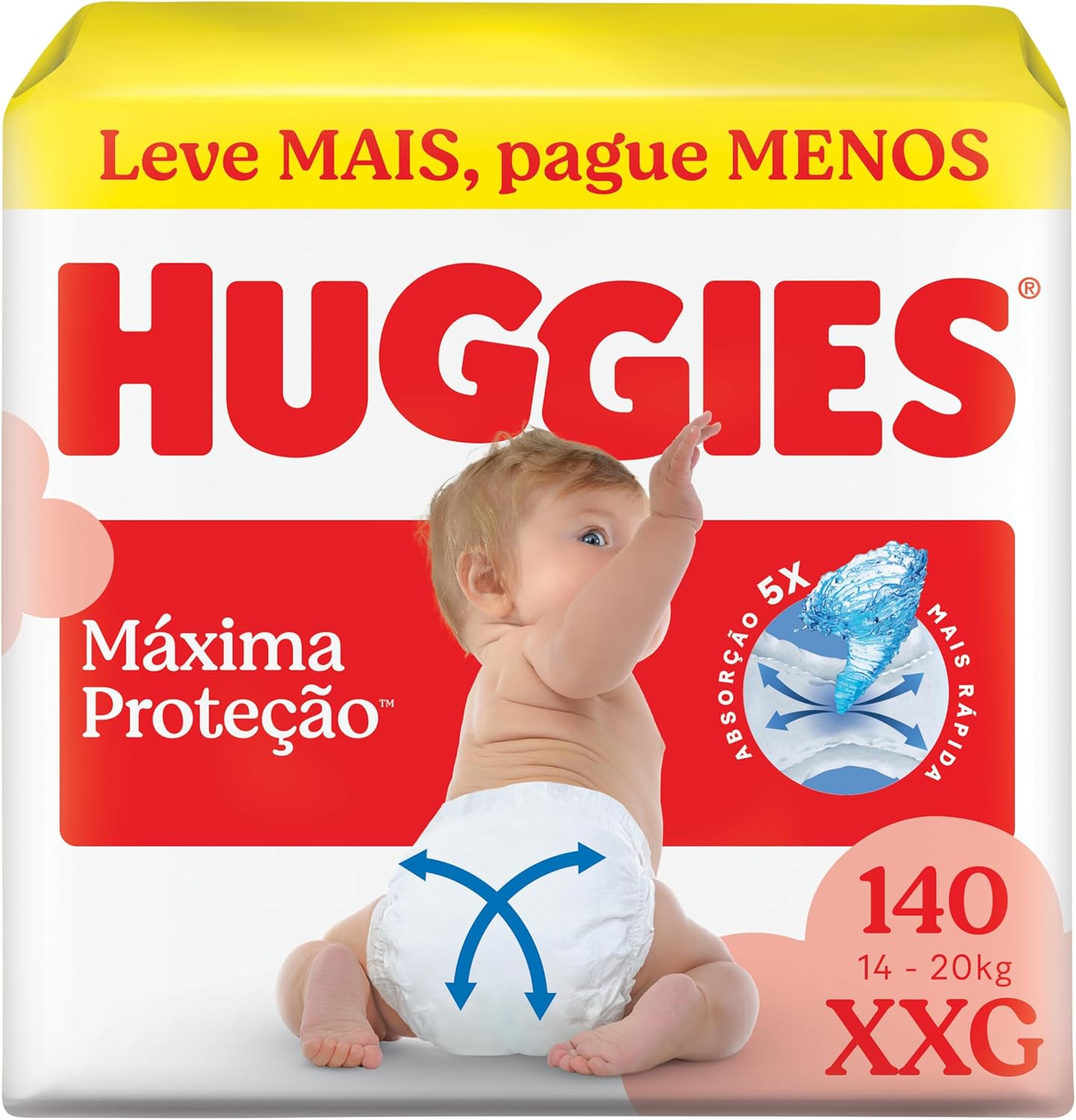 Fralda Descartável Huggies Máxima Proteção Tamanho XXG 140 unidades – Fralda aberta com tecnologia Xtra-Flex, canais em X que se adaptam aos movimentos e máxima proteção sem fralda caída